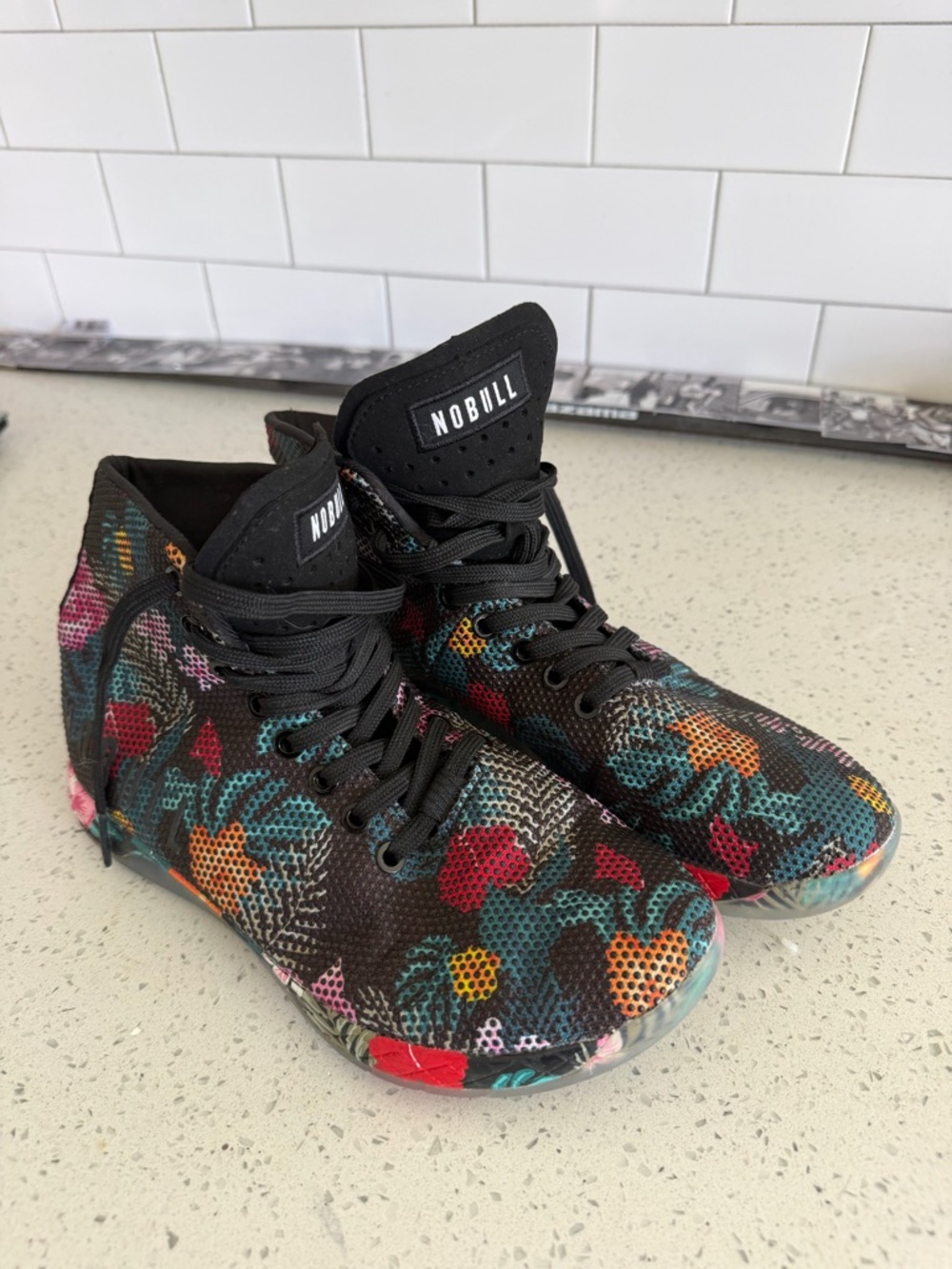 NOBULL Black Knit High-Top Trainers with Multicolor Floral Print